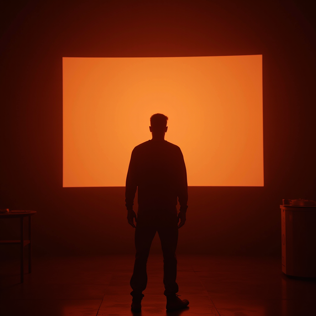 A person stands silhouetted against a large, glowing orange rectangle in a dimly lit room.