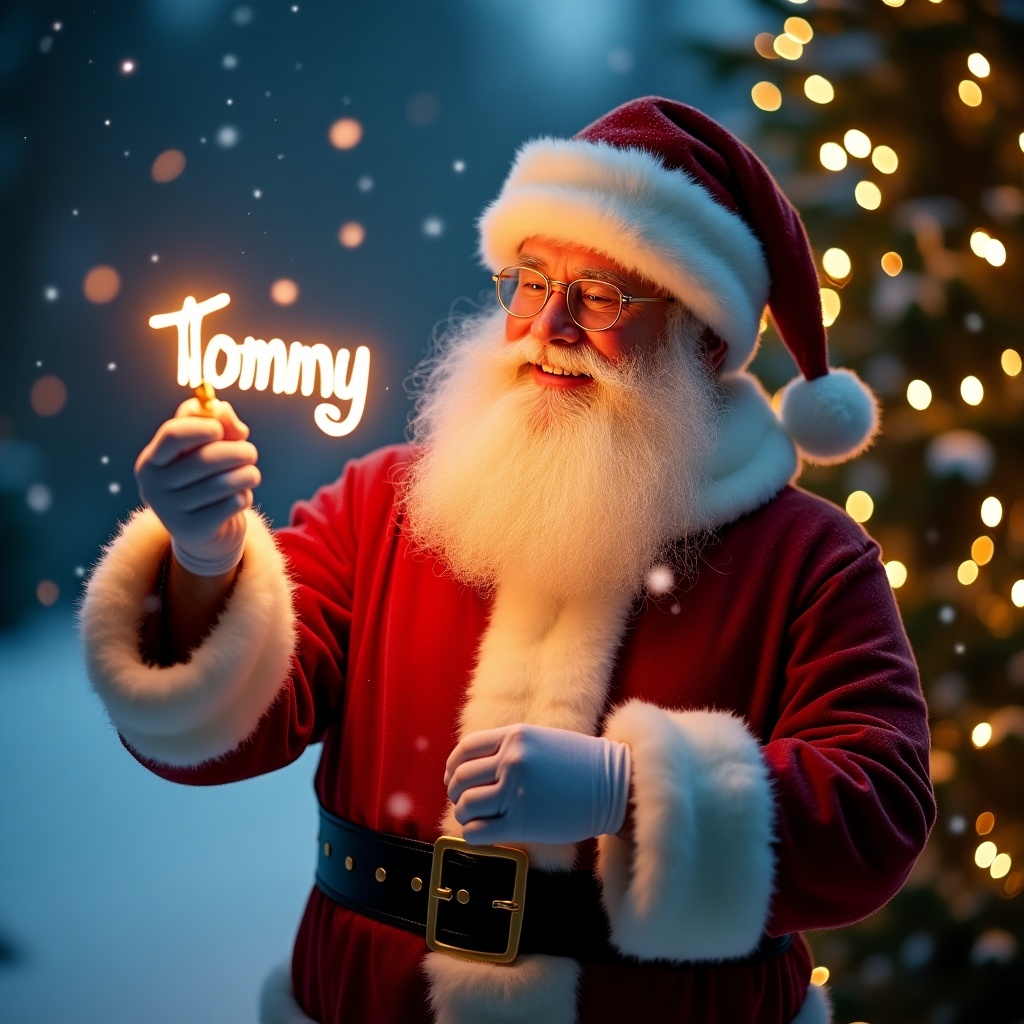 In a snowy winter landscape, Santa Claus is illuminated by soft, warm lights. He has a jolly smile and is adorned in his classic red suit with white fur trim. In his gloved hand, he holds a glowing stick, artistically creating the name 'Tommy' in the air. The background is filled with shimmering Christmas lights, adding to the magical ambiance. This scene captures the essence of holiday cheer and personalization, making it perfect for decorating or gifting.