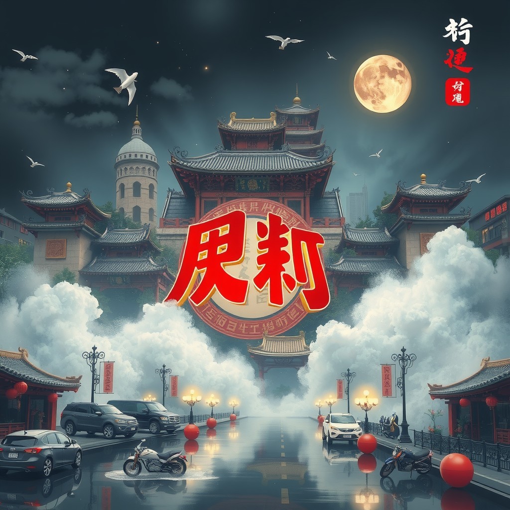 A vibrant depiction of an oriental cityscape under a full moon, with traditional architecture, vehicles, and dramatic clouds.