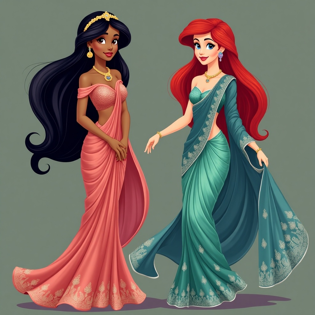 Illustration features two princesses in beautiful sarees. One princess wears a coral saree while the other wears a teal saree. Both characters have long hair and elegant accessories. Background is a simple solid color.