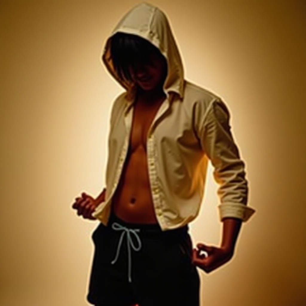 This image features a person in a dynamic pose, wearing a white shirt with a hood and dark shorts. The shirt is slightly open at the front, giving an impression of casual fashion. Warm lighting casts a soft glow, adding depth and interest to the scene. The subject's face is partly hidden, hinting at mystery and allure. This creates an engaging and captivating visual atmosphere.