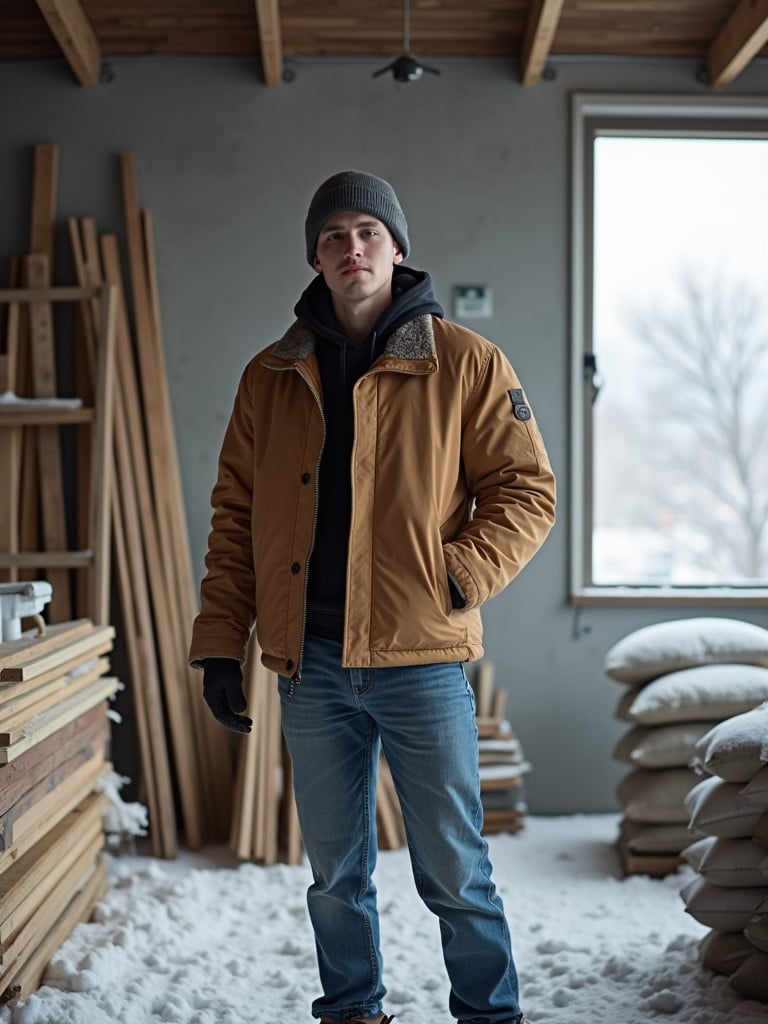 Young construction student stands indoors during winter. Dressed in casual winter outfit including jacket, jeans, and boots. No items held, relaxed posture. Industrial interior with construction materials like wooden planks, metal beams, and bags of cement. Light from nearby window highlights snowy scene outside. Captures casual yet determined atmosphere.