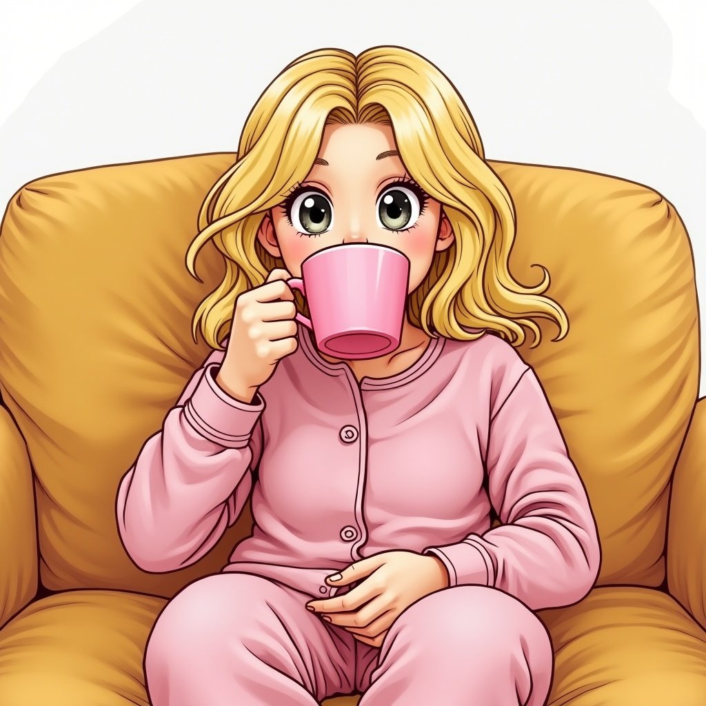 A woman with blonde curls sits on a golden sofa. She drinks tea from a pink cup. She wears a fluffy pink pajama. Her eyes sparkle playfully.