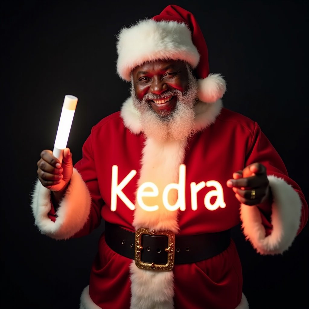 Image of a Black Santa Claus in his traditional red and white suit. Santa holds a glow stick that creates the name 'Kedra' in bright light. The expression is jolly and warm. Dark background enhances the glow of the text.