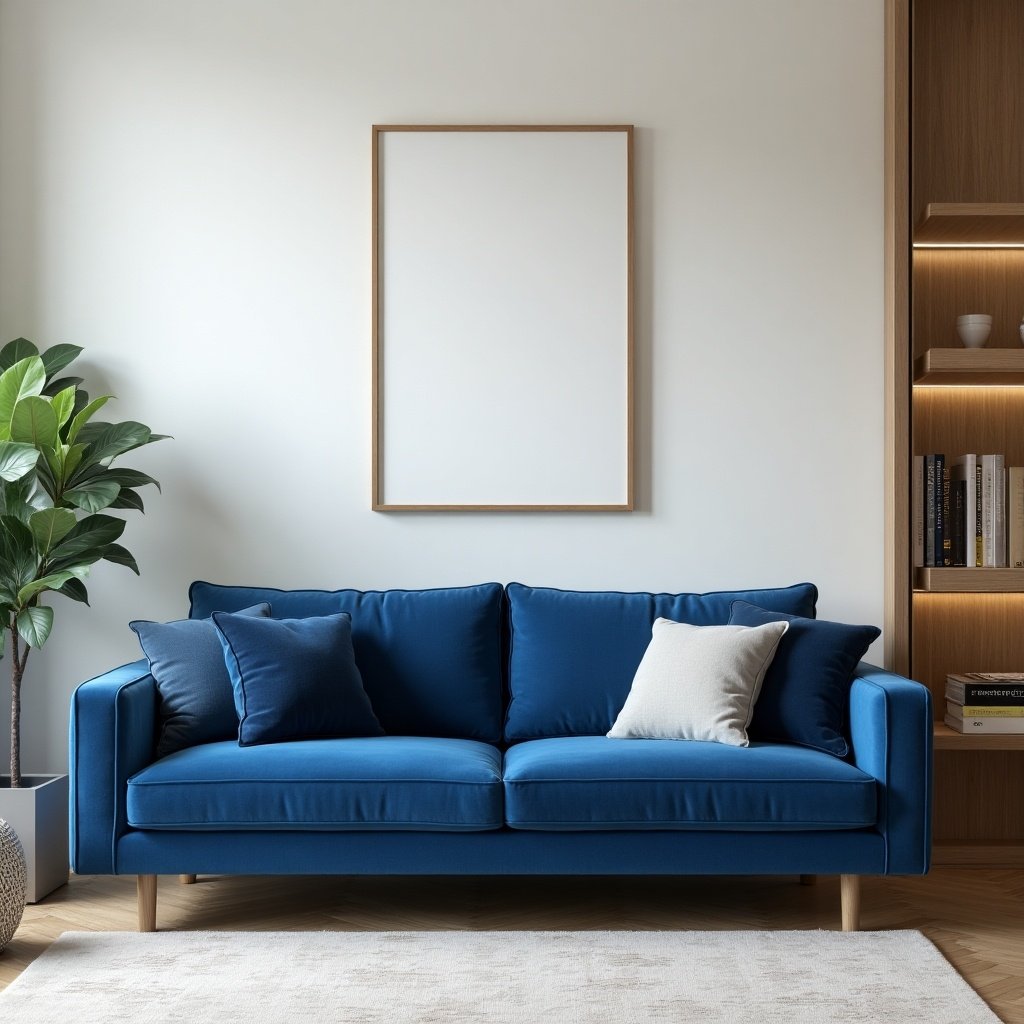 A blue sofa in a living room. The room is decorated with plants and wood accents. A blank picture frame is on the wall.