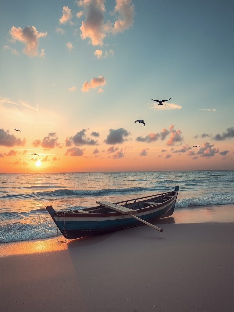 This serene image captures a small, weathered boat resting on soft sand as gentle waves lap the shore. A brilliant sunset illuminates the sky with warm hues of orange and pink, while a few scattered clouds lend texture to the scene. Above, several seagulls glide gracefully, adding a touch of life to the otherwise calm atmosphere.