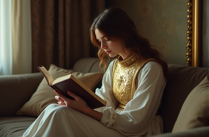 A woman in a golden embroidered dress sits on a sofa, engrossed in a book.