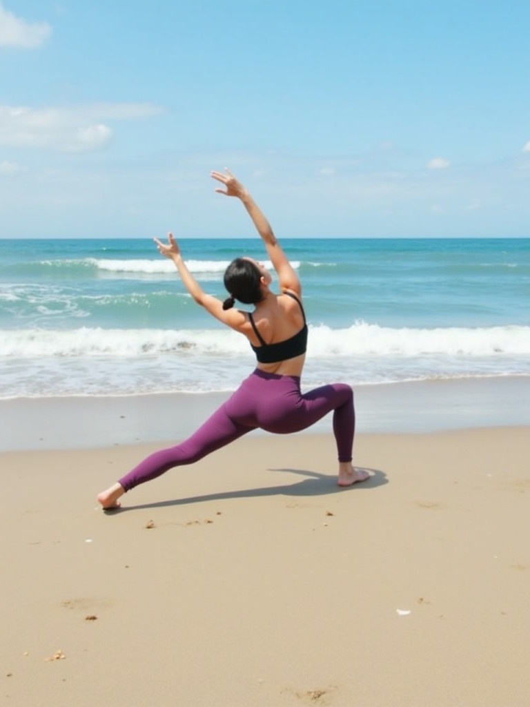 Person practices yoga on sandy beach. Ocean waves create a serene backdrop. Bright sunlight illuminates the scene.