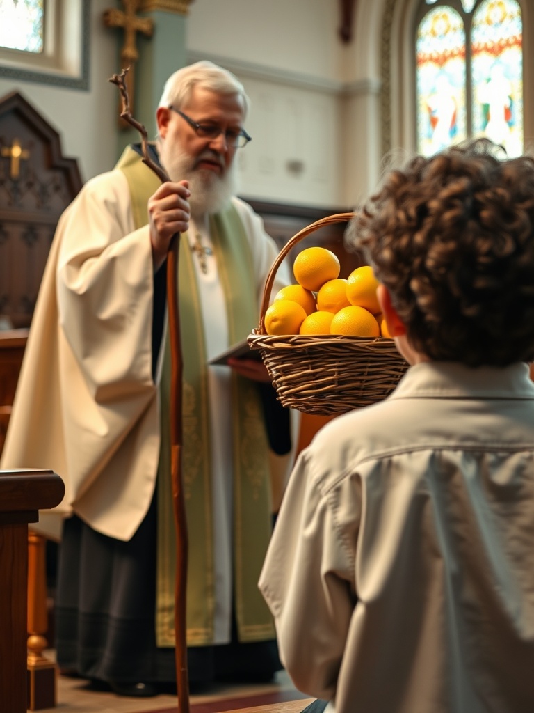 In a serene church setting, an elderly clergyman in traditional robes is engaged in a warm exchange with a young boy who holds a basket filled with bright oranges. The stained glass window in the background adds a touch of color and spirituality to the scene, suggesting a moment of offering or blessing.