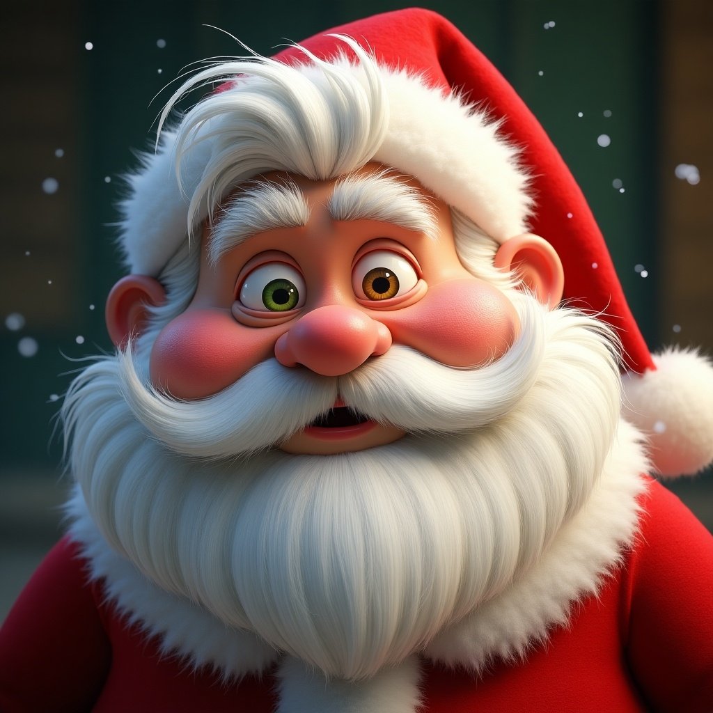 Detailed illustration of Santa's face as a whimsical Whoville character. Cheers and joyful expression showcased prominently. Snowflakes lightly falling in background. Bright and colorful aesthetic suitable for Christmas themes.