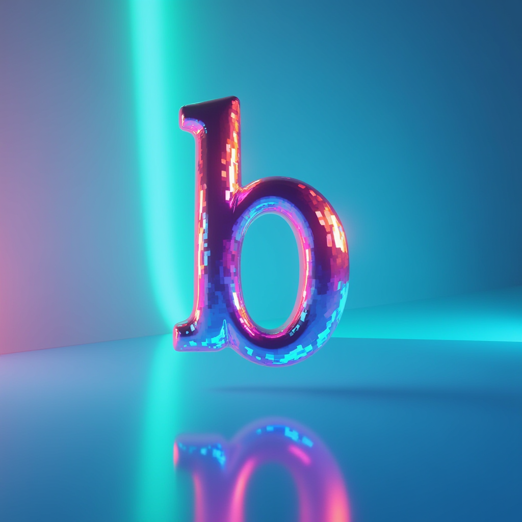 A 3D rendering of the letter 'b' with a pixelated, reflective surface and vibrant neon lighting.