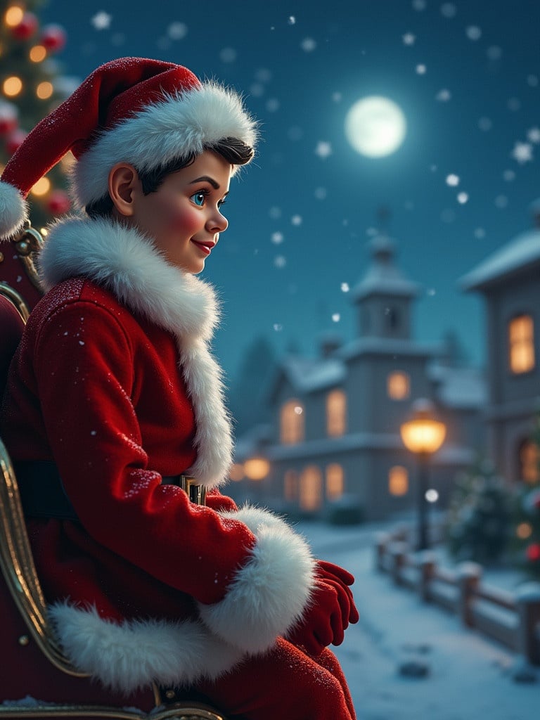 Santa in a red coat and hat is seated on a throne. A snowy village is in the background with charming lit houses. The night sky is filled with stars and a bright moon. Christmas trees add color to the scene. The atmosphere is festive and magical.