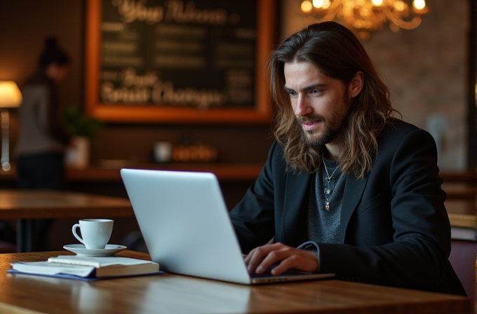 A man with long hair is intently working on a laptop in a warmly lit café, with a notebook and coffee cup nearby on the wooden table.