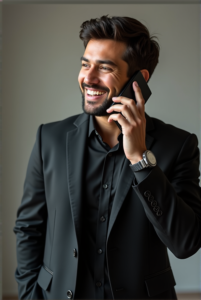 A man in a black suit is happily talking on his phone.