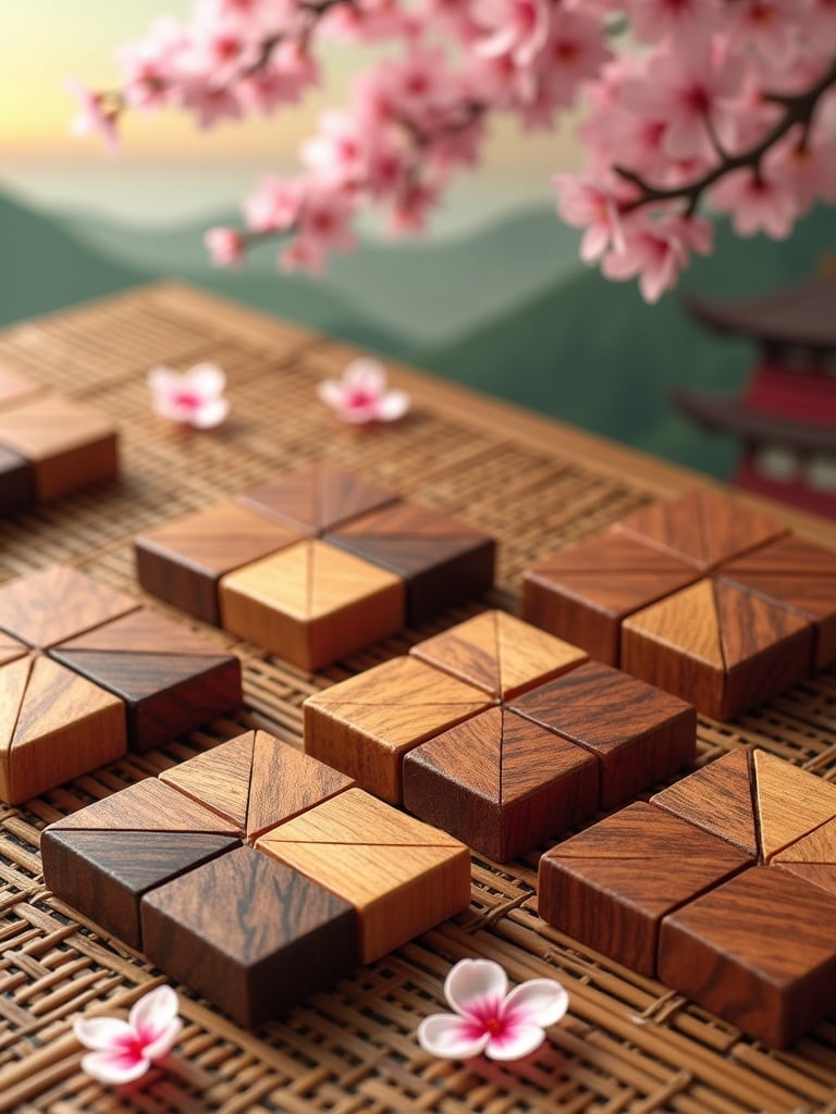 A hyper realistic scene featuring tangram puzzles crafted from exotic wood. Setting is reminiscent of Asia with cherry blossoms in the foreground. Background displays a serene mountainous landscape.