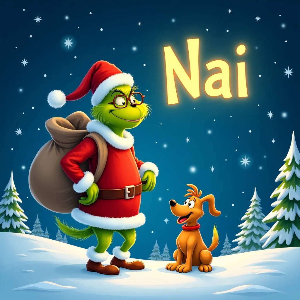 Charming snowy landscape with vibrant Grinch wearing Santa outfit. Grinch carries a large sack. Joyful dog named Max beside him. Night sky with twinkling stars. The word 'Nai' glowing above.