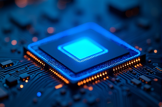 A glowing blue computer chip is placed on a complex circuit board.