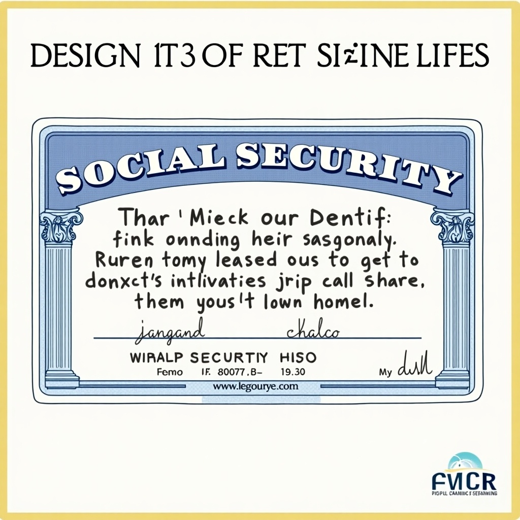 This image features a stylized Social Security card filled with nonsensical text and quirky design elements. The card prominently displays the phrase 'SOCIAL SECURITY.' The text is whimsical, evoking a light-hearted and humorous tone. Colors like blue, black, and white dominate the design, set against a light yellow background. The overall composition balances elements of satire and artistic expression, making it visually engaging and playful.