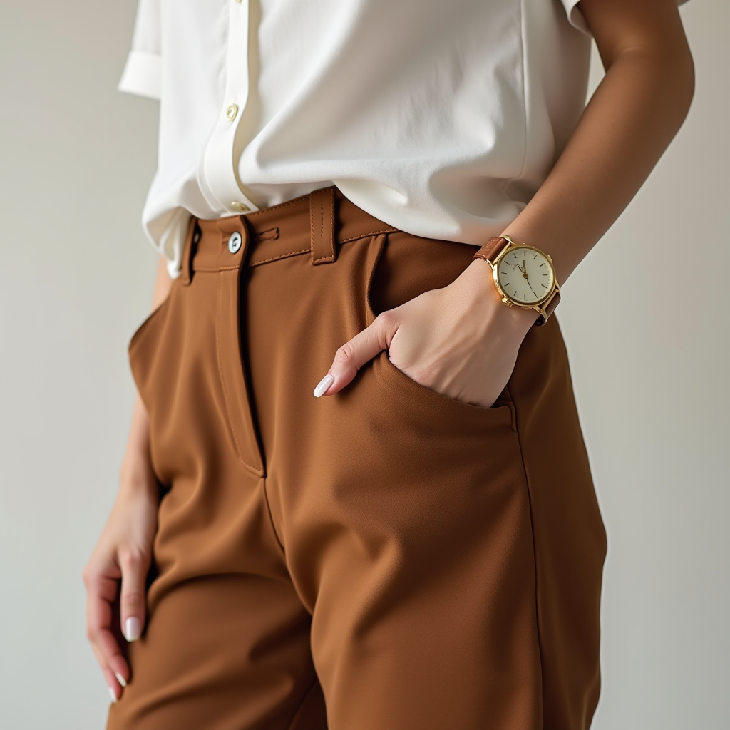 A person wearing a white shirt tucked into brown high-waisted trousers, with one hand in the pocket and a wristwatch on the wrist.