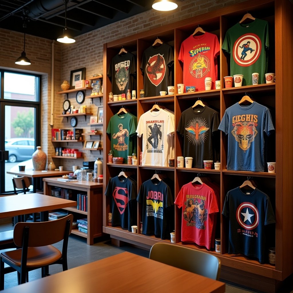 Coffee shop and gift shop showcase superhero-themed t-shirts and caps. Display arranged on shelves with tables in the foreground. Warm lighting. Cozy ambiance.