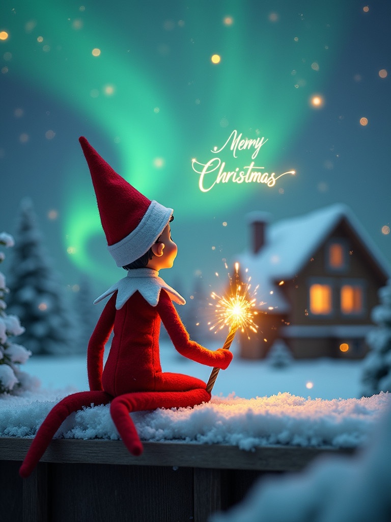 An elf on the shelf sits back to viewer. Elf gazes skyward with a glowing wand. Colorful northern lights in the sky. Cozy house visible in distance. Snow covers the ground. Elf embodies magic and wonder of Christmas. Text says ‘Merry Christmas Milan, Rodrigo, Angellee and Delilah.’