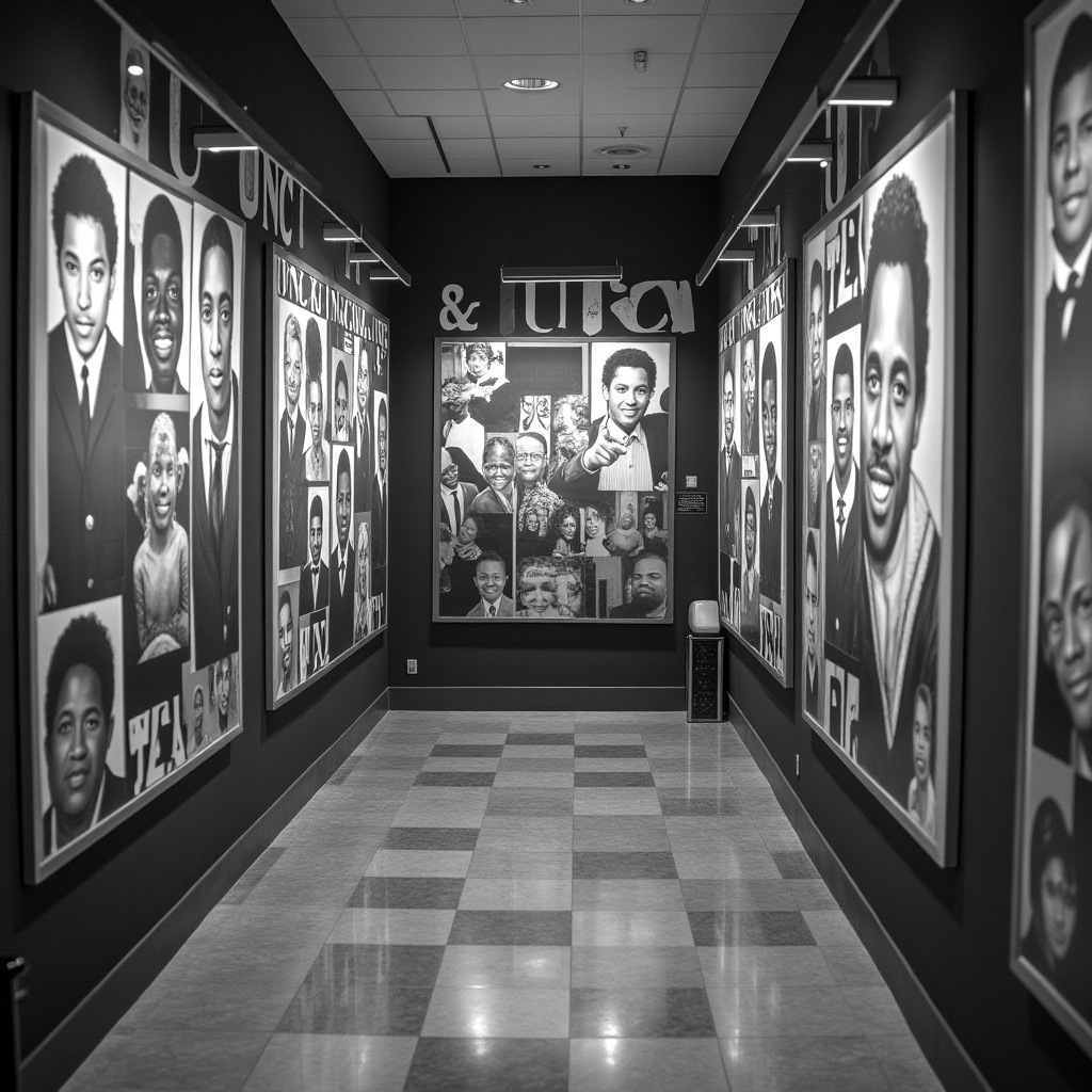 This image showcases a hallway adorned with floor-to-ceiling black and white photographs of African American graduates. Each photograph features the words 'UNCF' at the top, highlighting their connection to the United Negro College Fund. The walls are draped in a sleek black, creating a striking contrast with the white images. Soft lighting enhances the overall ambiance, emphasizing the important figures captured in the photographs. The entire scene reflects a celebration of African American achievement and educational success.