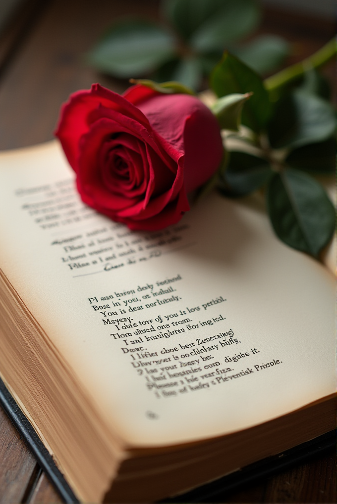 A single red rose placed on an open book, with poetic text visible on the page.