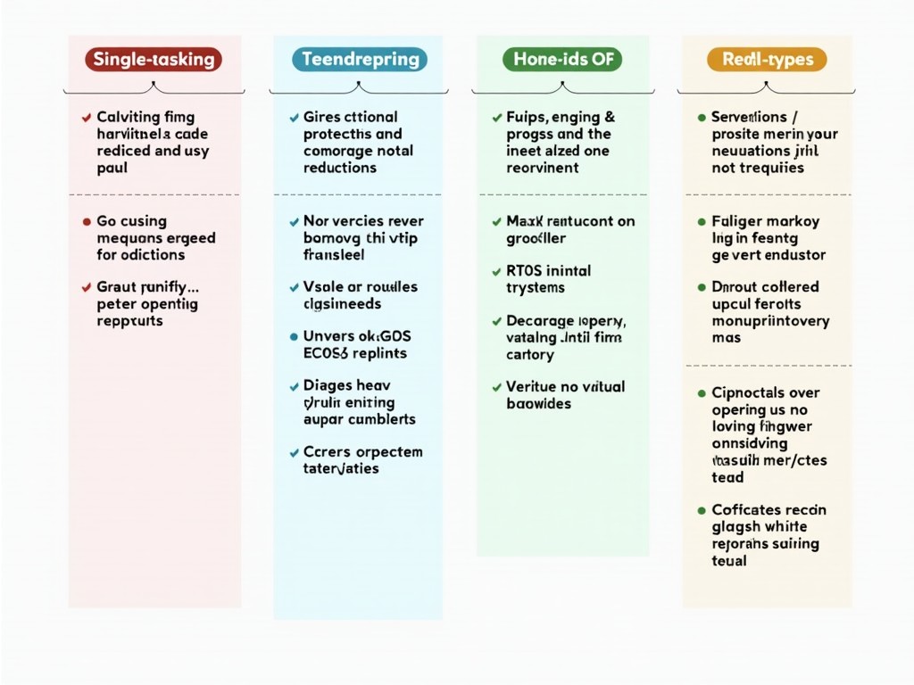 This image presents a structured comparison of different strategies or concepts categorized into four sections. Each section has a distinct color coding, aiding in visual differentiation. It includes terms like 'single-tasking', 'teendpreing', and 'honed-OF'. The information appears to be related to operational efficiency and project management techniques. This infographic style aims to provide clarity on various approaches to improve workflow. It serves as a visual aid for presentations related to productivity improvement.