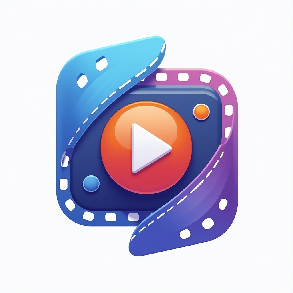 Logo design for video editing software. Features play button and film strip. Integrates modern design elements. Uses blue, purple, and orange colors. Style is clean and professional.