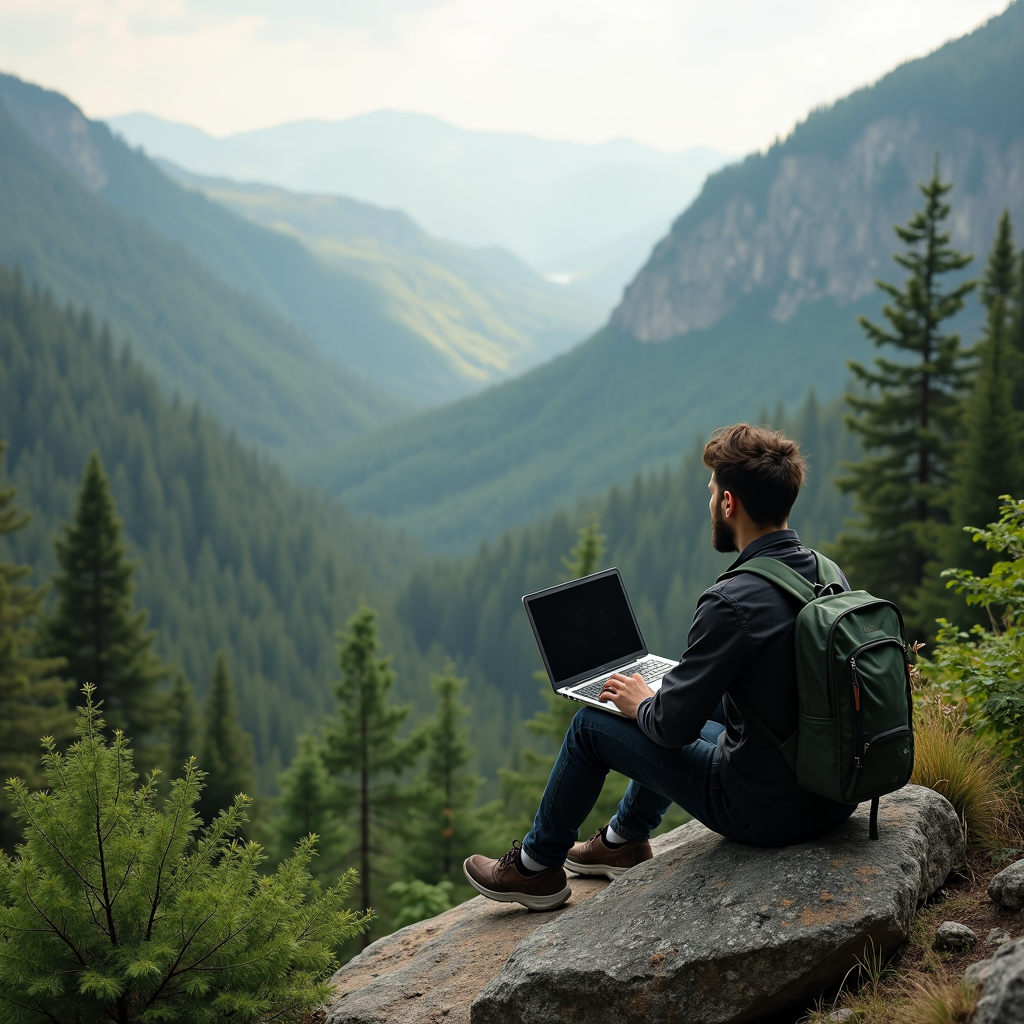 A person sits on a rock with a laptop, surrounded by lush green mountains and pine trees.