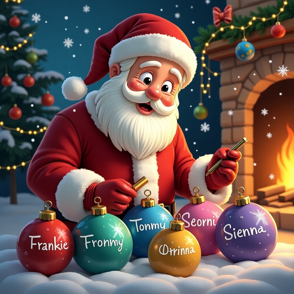 Santa writing names on colorful baubles. Winter background features a snowy environment. Decorations include a Christmas tree and a cozy fireplace. The focus is on Santa's joyful expression and the beautiful baubles.