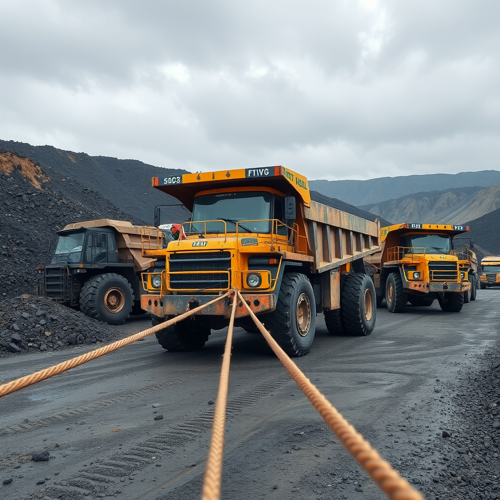 A row of large, yellow dump trucks is parked in a rugged mining area, surrounded by piles of dark material.