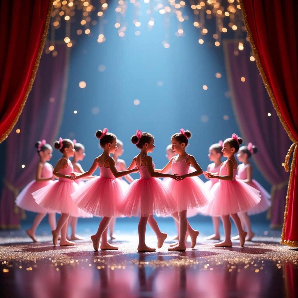 A grand festive scene showcases sugarplum fairy ballerinas. Dressed in pink, they dance on a colorful stage. Bright colors like red, gold, and blue reflect joyful holiday cheer. Soft lights illuminate the scene, creating a magical atmosphere. The dancers are arranged in symmetrical positions, enhancing visual delight and evoking wonder for holiday events.