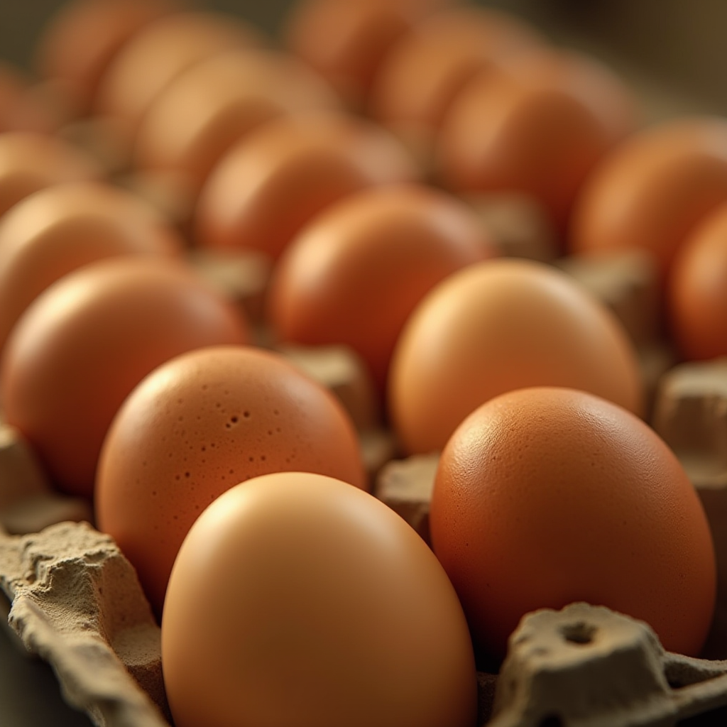 A close-up shot of brown eggs neatly arranged in a carton, showcasing their smooth texture and rich hue.