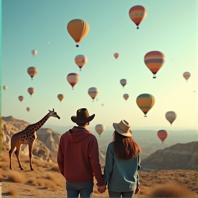 A couple stands holding hands in a desert landscape with hot air balloons and a giraffe nearby.