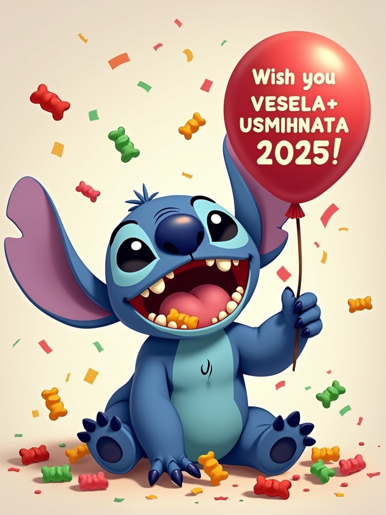 Cute blue alien named Stitch shows a joyful expression. Stitch sits down with a wide smile. One hand throws gummy bears. Mouth full of gummy bears. Confetti and gummy bears are everywhere in the air. The other hand holds a balloon with a message 'Wish you VESELA + USMIHNATA 2025!'