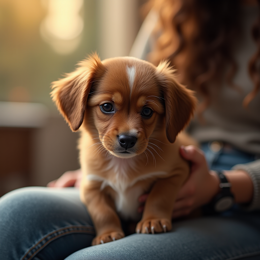 A cute puppy with brown fur sitting on a person's lap in soft, natural light.