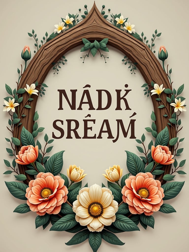 Logo design featuring an ornate wooden frame decorated with flowers in soft colors. The text reads NÁDĚK SRÁM. Emphasis on floral elements and natural aesthetics.