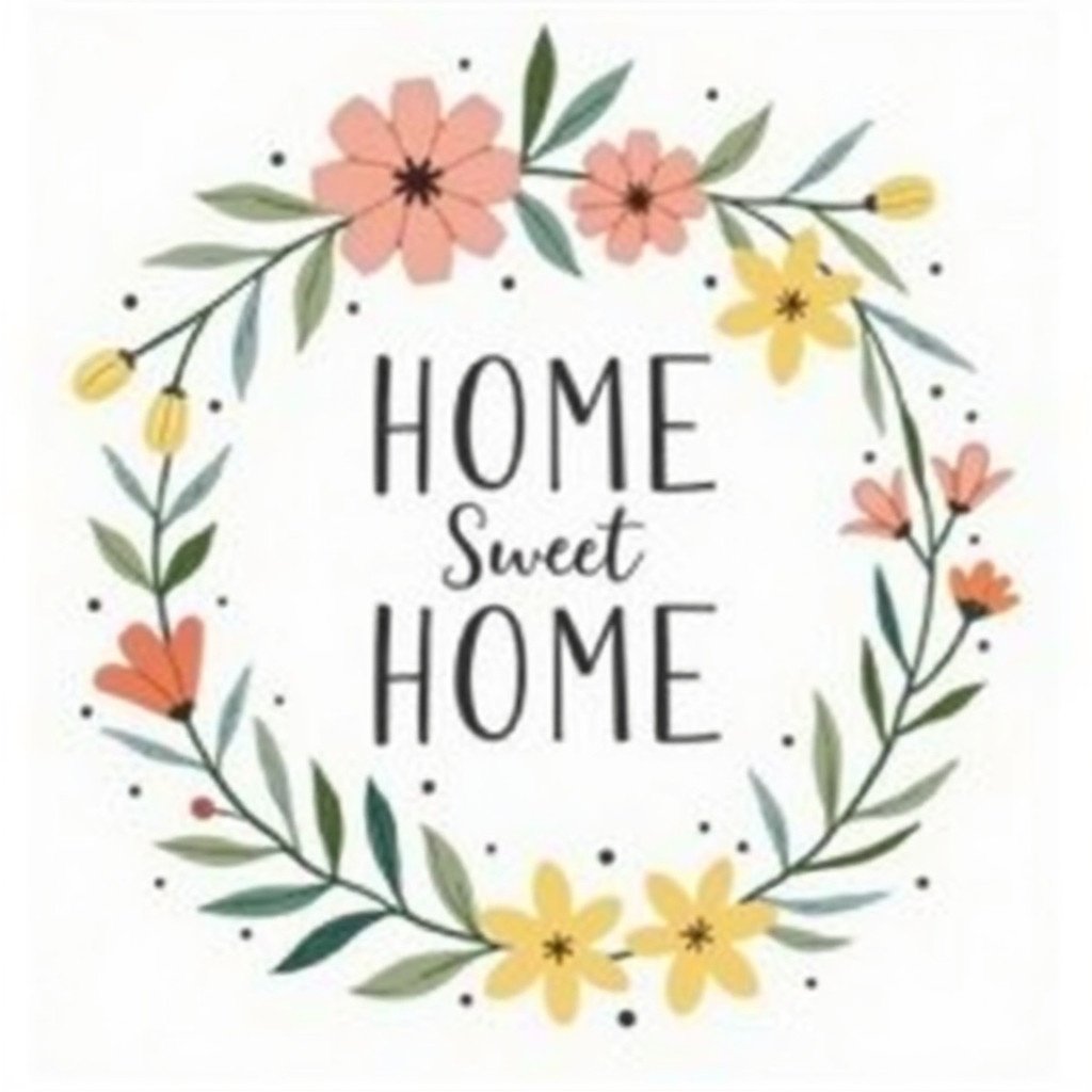 A floral wreath showcases the phrase HOME Sweet HOME. The wreath features watercolor-style flowers and leaves in lively colors. Bold uppercase letters highlight HOME while Sweet is in cursive. The design gives a warm and inviting feel, ideal for home decor or greeting cards.