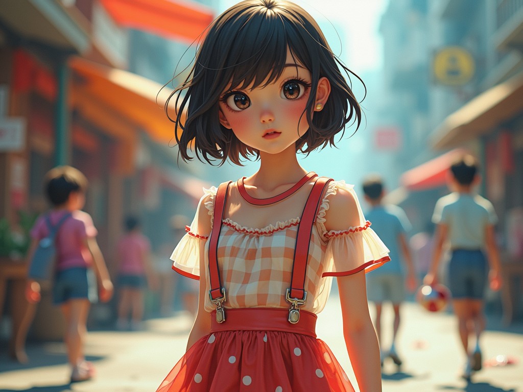 The image depicts an animated character, a young girl with expressive eyes, standing on a bustling city street. She is wearing a gingham patterned top with delicate frills and a polka-dot suspender skirt, giving her a charming appearance. The vibrant backdrop of the city portrays a sunny day, with people and shops blurred in the background, creating a lively atmosphere.