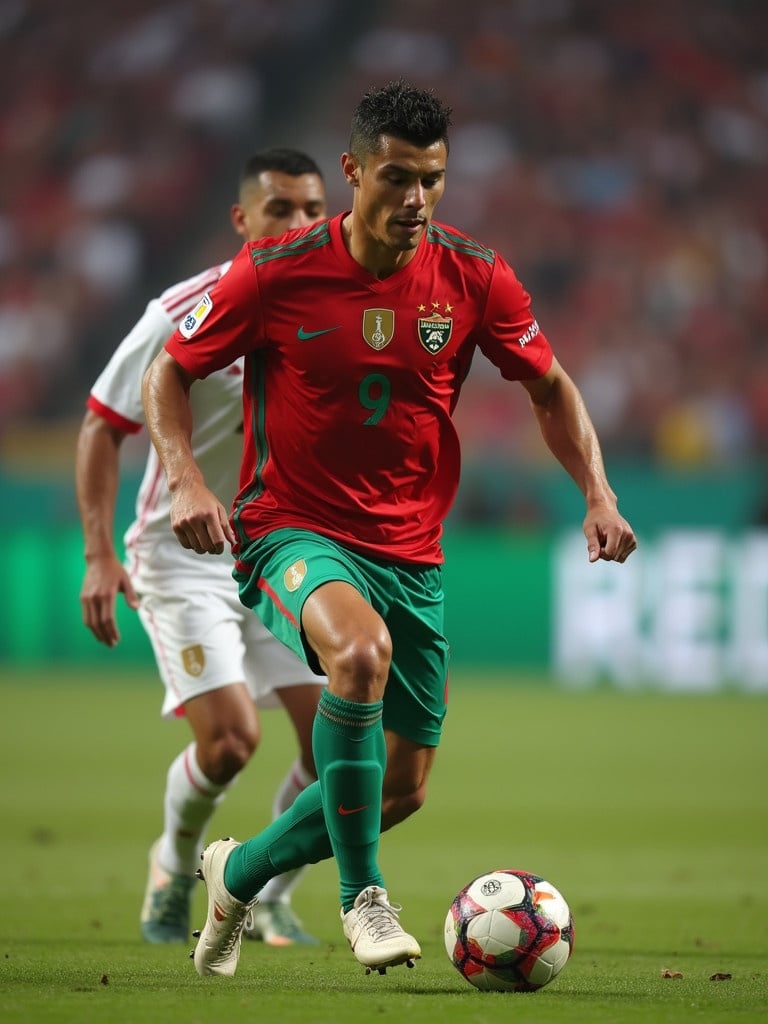 Football player in red and green jersey passes ball. Soccer action during match. Al Nassr football team. The player showcases athleticism. High-quality stadium scene.