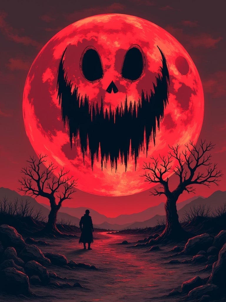 A blood red moon dominates the eerie sky. The moon has a wide evil smile and dark void-like eyes. A desolate plain stretches below with barren trees. No signs of life are present. The overall atmosphere is strange and creepy with a retro drawn style.