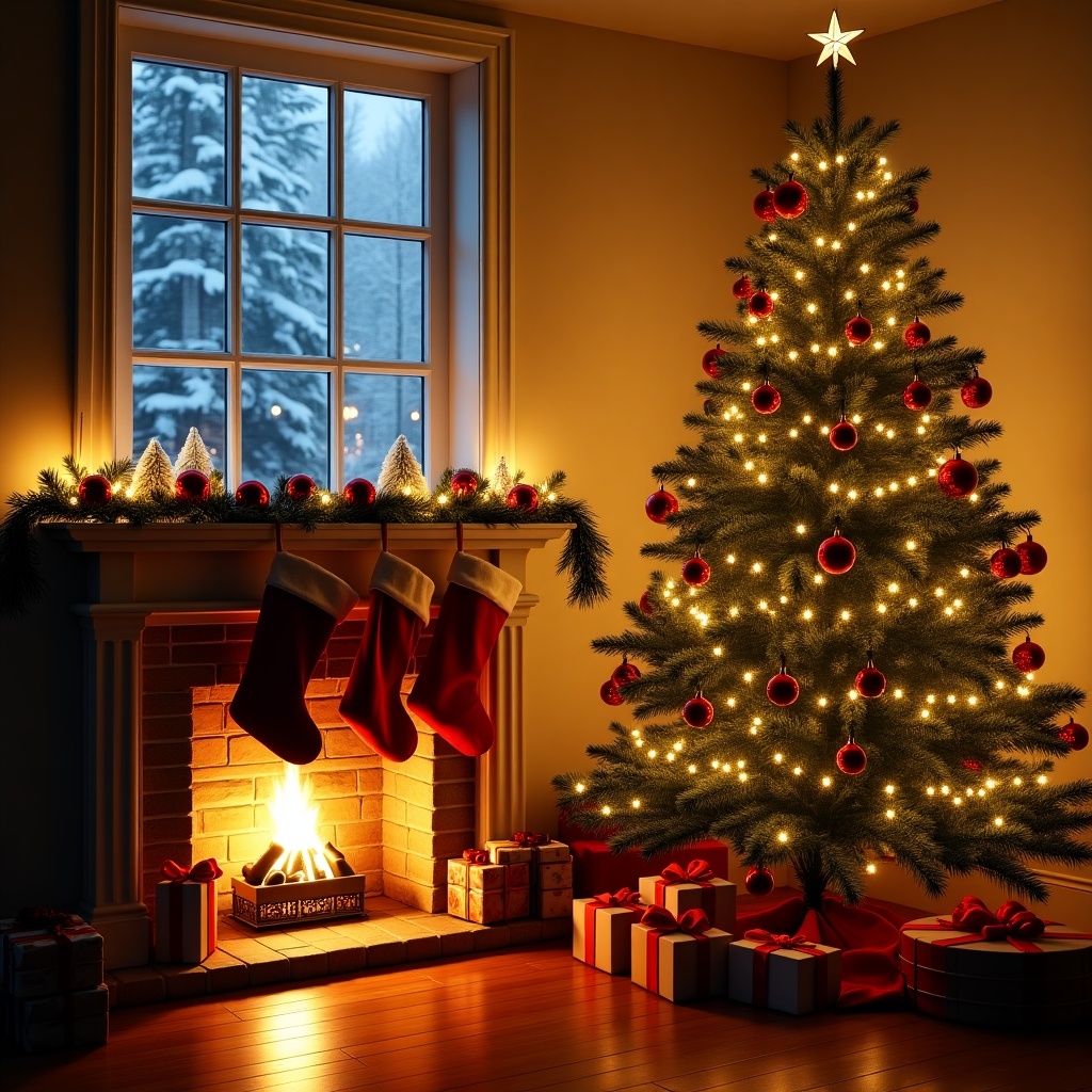 Cozy Christmas Eve scene. Beautifully decorated Christmas tree in corner with bright ornaments and lights. Warm glow from fireplace. Stockings hang from mantel. Presents arranged beneath tree. Snowy scene outside window. Picture-perfect holiday setting.