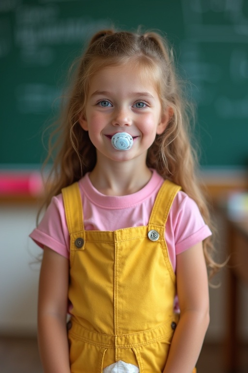 Seven years old girl smiles wearing yellow dungarees and pink t-shirt in classroom. She stands by a blackboard with a pacifier.