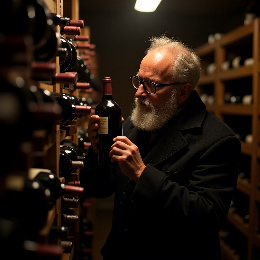 Elderly man with beard and glasses examining wine bottle in dimly lit cellar. Surrounded by other bottles. Wearing dark coat.