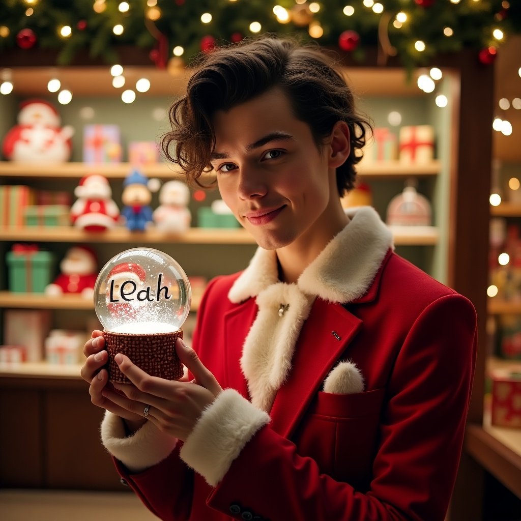 Christmas scene with a person in a red and white suit holding a snow globe. Snow globe contains the name Leah. Background is a toy shop filled with festive decorations and lights.