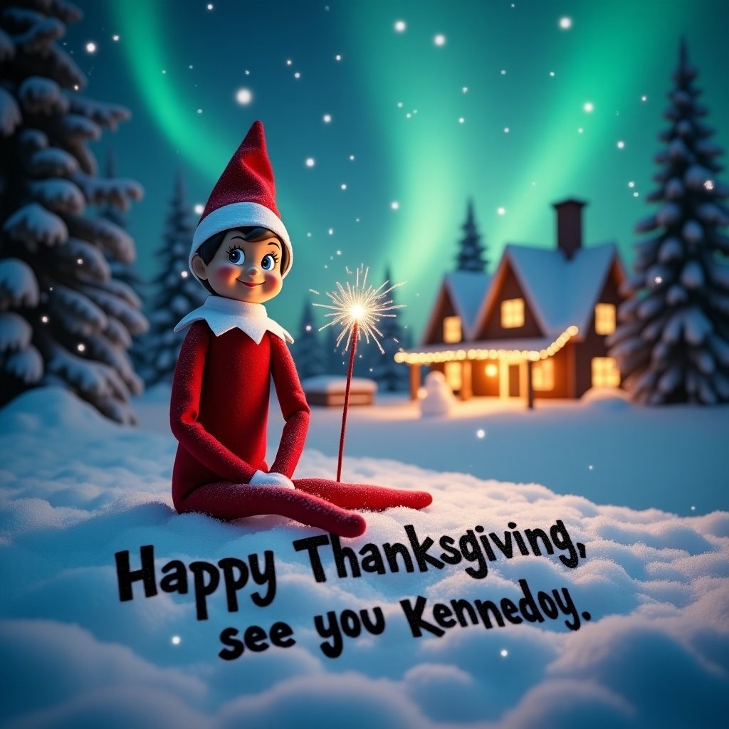 The image depicts a cheerful Elf on the Shelf in a snowy landscape during the night. The Elf is wearing a traditional red outfit and has a playful smile. The phrase 'Happy Thanksgiving, see you soon, Bryce and Kennedy' is beautifully written in black on the snow. Surrounding the Elf is a magical ambiance created by soft lighting and gently falling snowflakes. In the background, colorful northern lights swirl across the sky, accentuating the holiday spirit. A cozy, decorated house can be seen, inviting viewers into this whimsical winter scene.