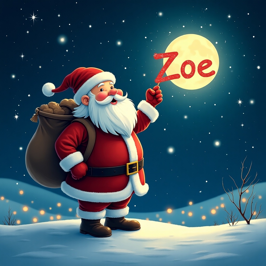 This illustration features Santa Claus standing happily in a snowy landscape at night. Santa is dressed in his traditional red suit, complete with a large sack of gifts on his back. He is holding up a finger, creating the name 'Zoe' in the bright moonlit sky. The scene is dotted with sparkling stars, enhancing the magical atmosphere. The snow-covered ground reflects the soft glow from the moon, creating a festive and cheerful ambiance. Perfect for holiday-themed illustrations or products.