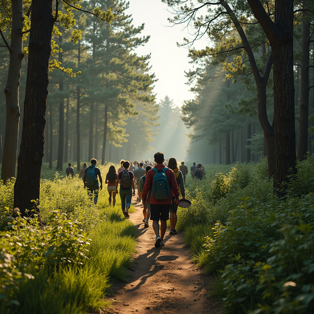 People walk along a forest path, surrounded by tall trees and illuminated by sunbeams.