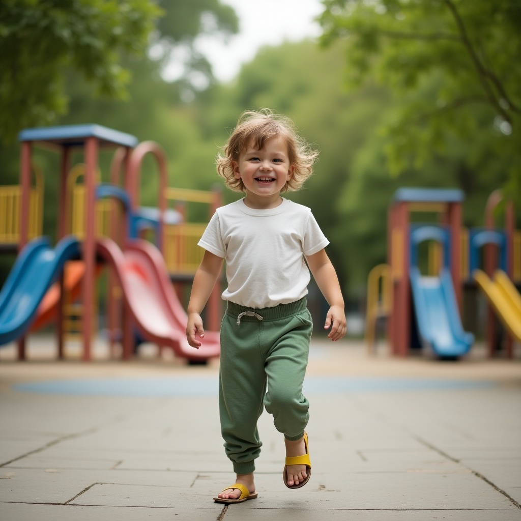 The image features a cheerful child wearing sage green jogger pants made of soft material. The child is running joyfully in a playground, surrounded by colorful equipment. The outfit includes a simple white t-shirt and comfortable sandals. The scene captures a beautiful day outdoors with gentle lighting that enhances the vibrant colors of the playground. This playful moment showcases the child's happiness and energy while engaging in outdoor activities.